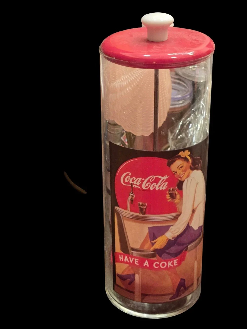 Vintage Red Coca-Cola Straw Dispenser RETRO Diner Girl 1940's Graphic WW2 ERA